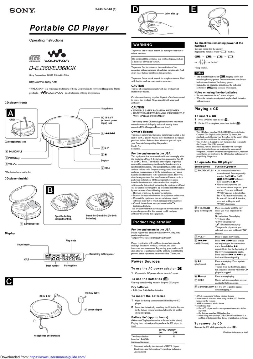Sony D-EJ360 - PSYC CD Walkman User manual