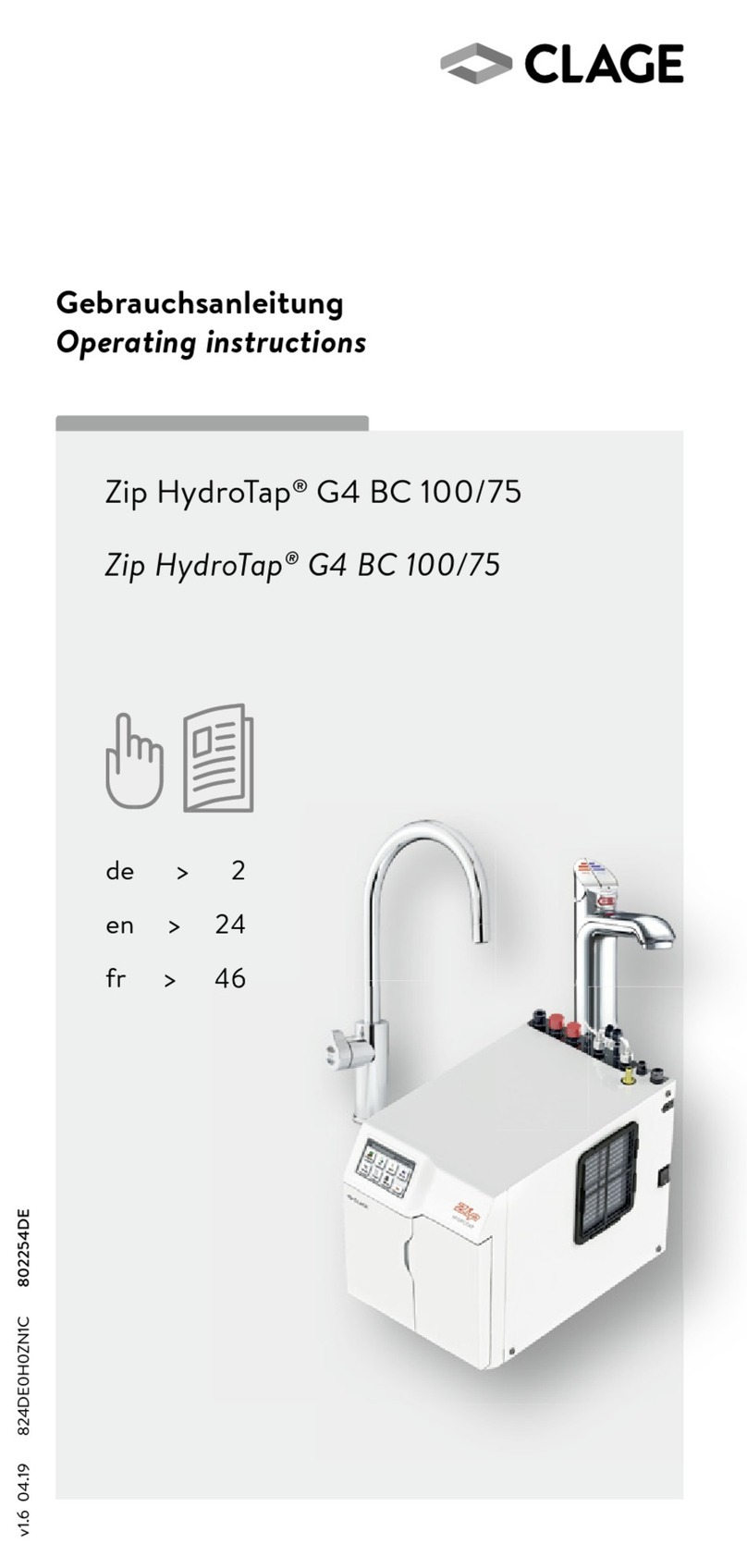clage ZIP HYDROTAP G4 BC 100/75 User manual
