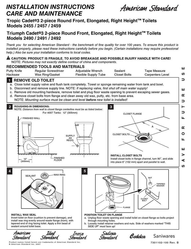 American Standard Right Height Elongated Toilet Triumph Cadet... INSTALLATION INSTRUCTIONS CARE AND MAINTENANCE