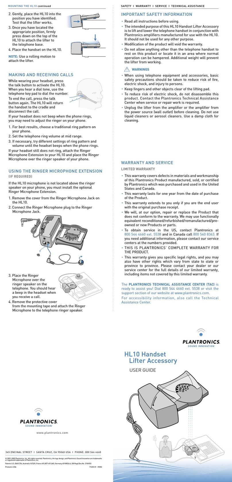 Plantronics HL 10 user guide Plantronics HL 10 user guide