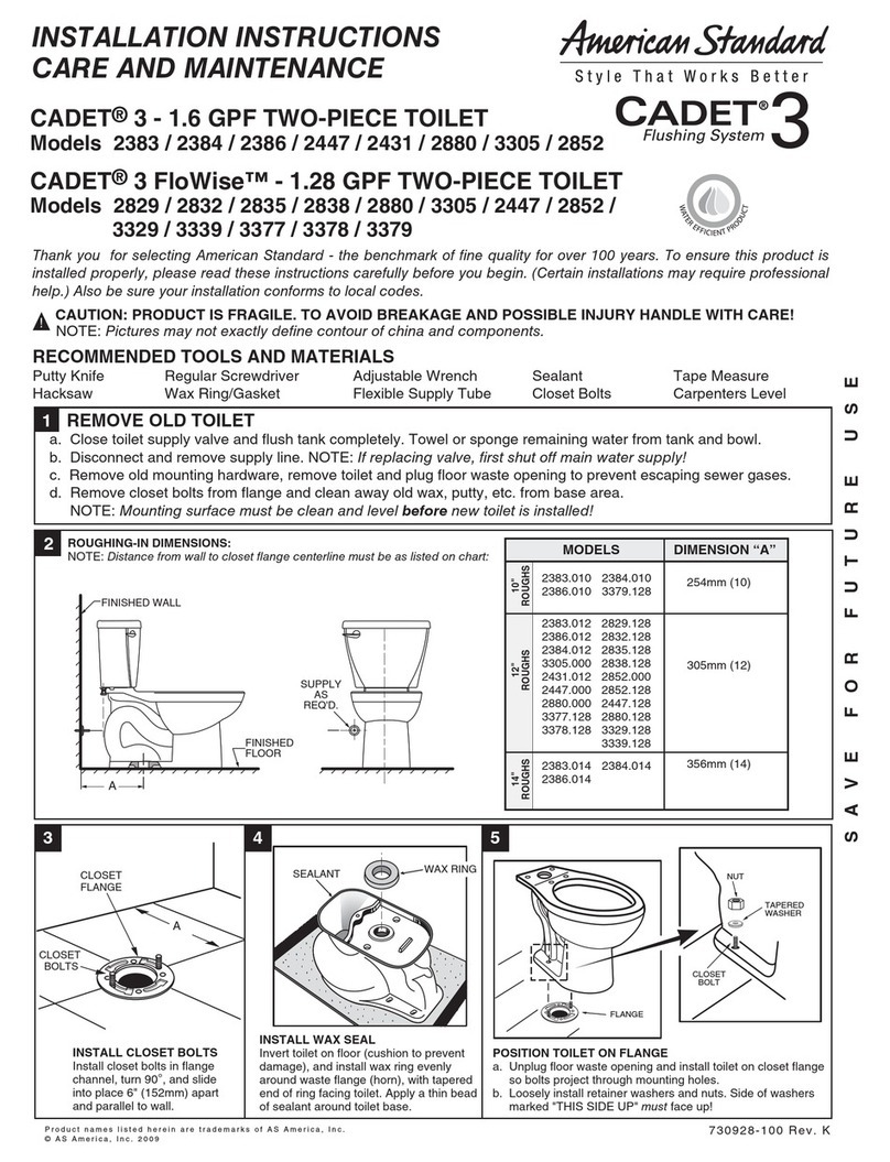 American Standard CADET 3 2383 INSTALLATION INSTRUCTIONS CARE AND MAINTENANCE