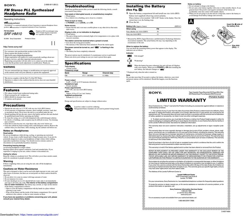 Sony Walkman SRF-HM10 User manual