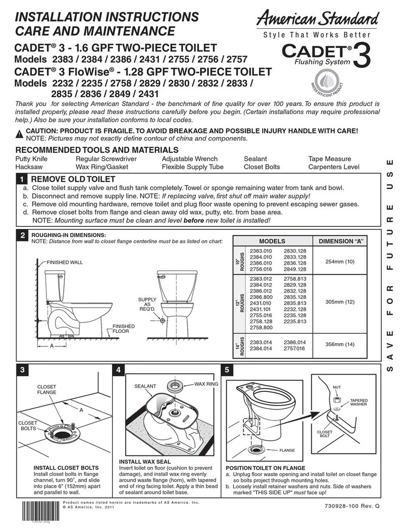 American Standard CADET 3 2755 INSTALLATION INSTRUCTIONS CARE AND MAINTENANCE