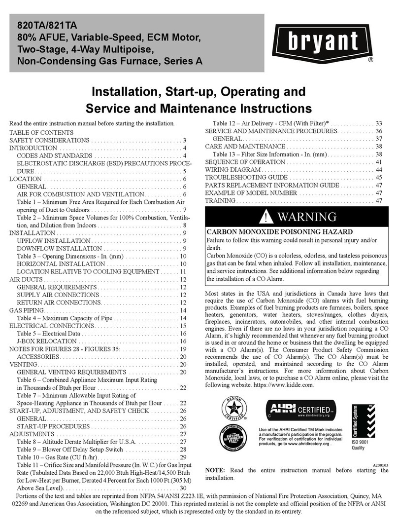 Bryant 820TA Installation, start-up, operating and service and maintenance instructions