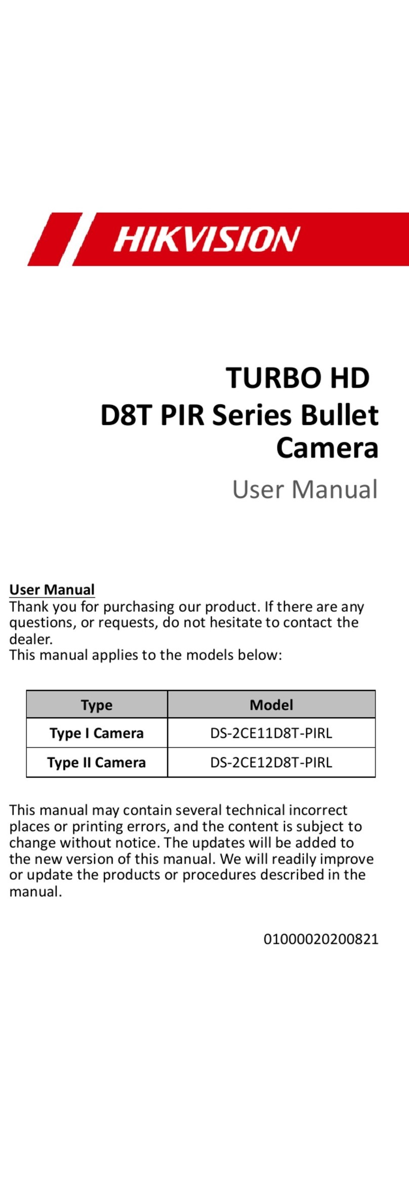 HIK VISION TURBO HD D8T PIR Series user manual