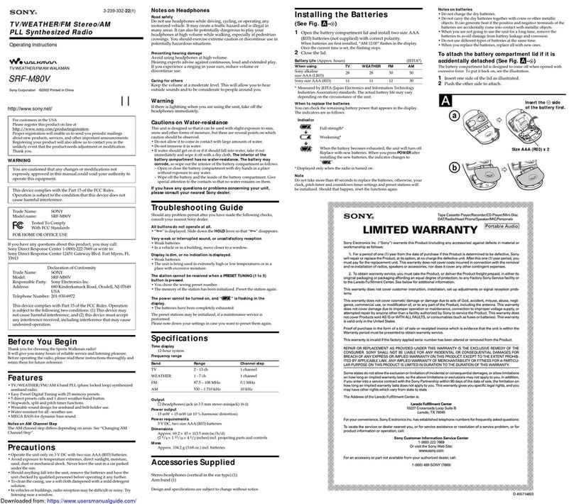 Sony WALKMAN SRF-M80V operating instructions