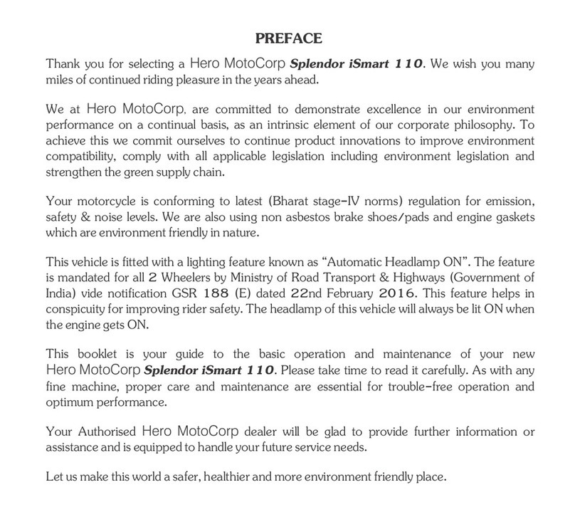 HERO MotoCorp Splendor iSmart 110 User manual