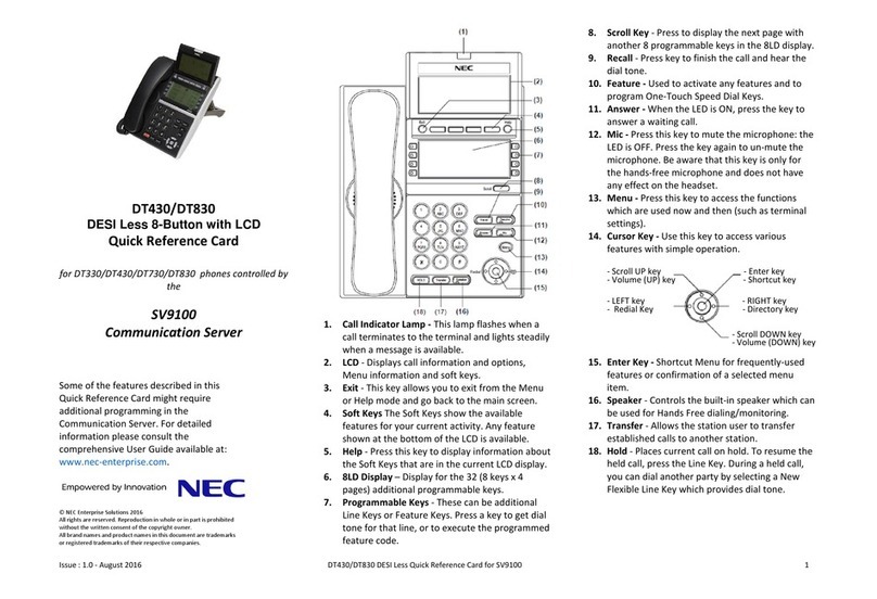 NEC DT430 Series Quick reference card