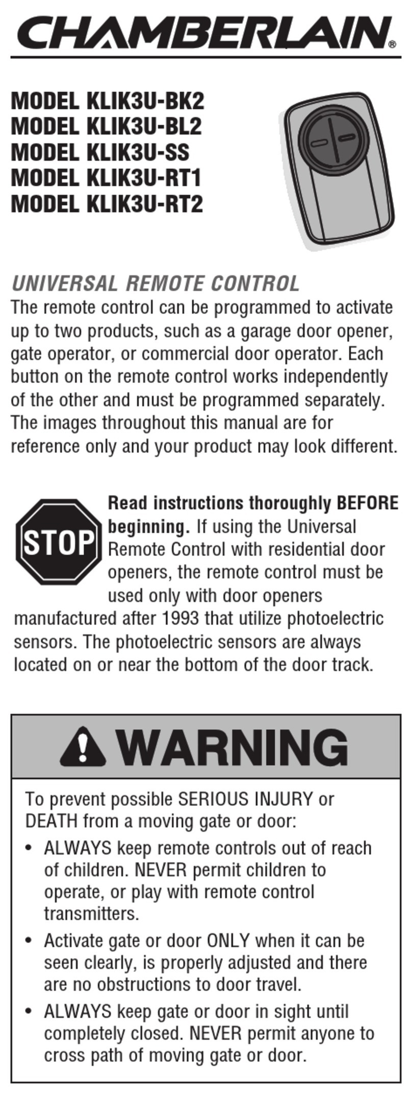 Chamberlain KLIK3U-RT1 User manual