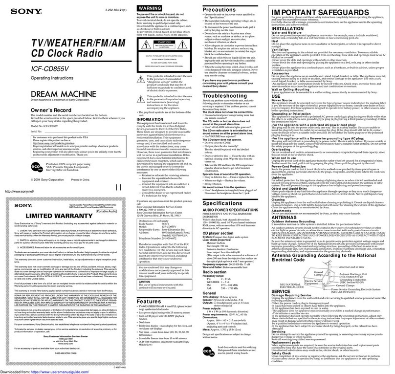 Sony ICF-CD855V - Cd Clock Radio User manual