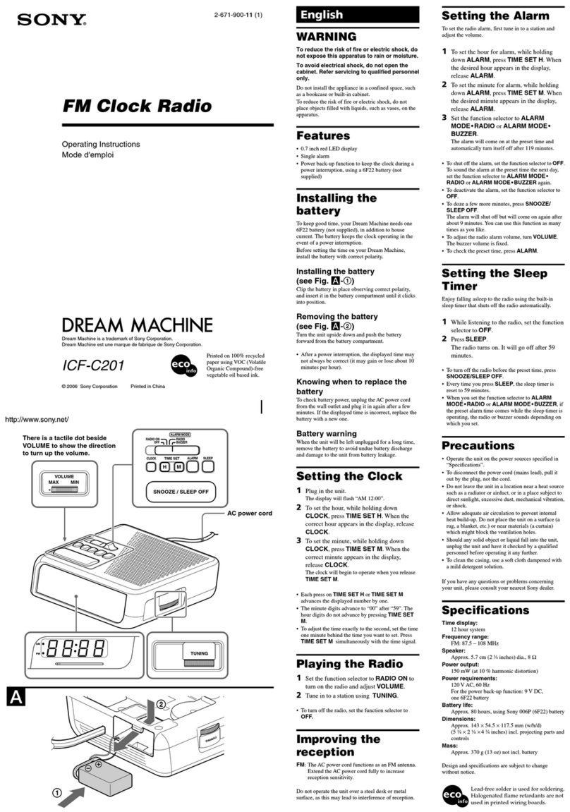 Sony Dream Machine ICF-C201 operating instructions