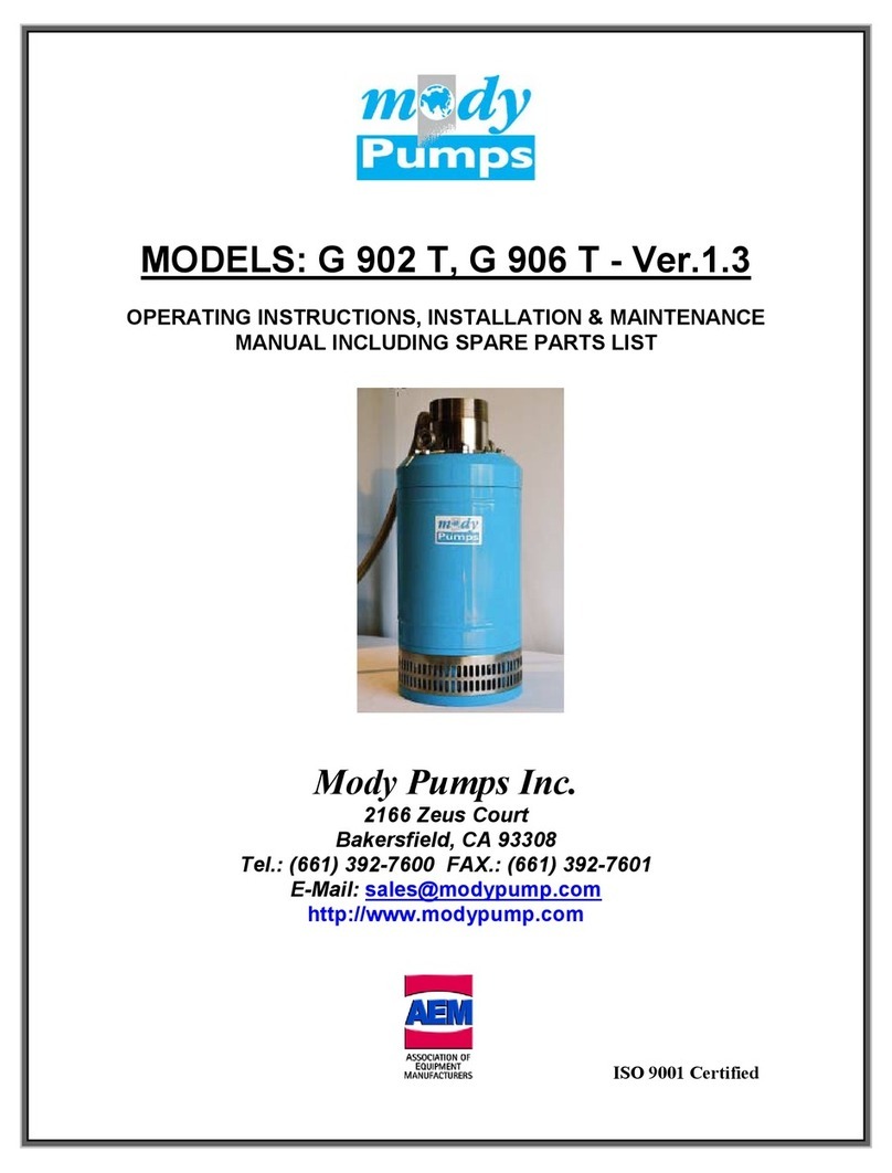Mody Pumps G 900 Series OPERATING INSTRUCTIONS, INSTALLATION & MAINTENANCE MANUAL INCLUDING SPARE PARTS LIST