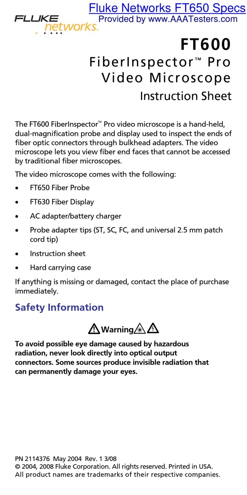 Fluke FiberInspector Pro FT650 instruction sheet