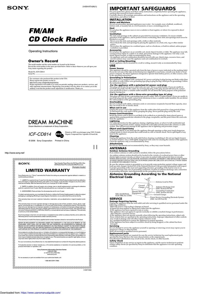 Sony DREAM MACHINE ICF-CD814 operating instructions