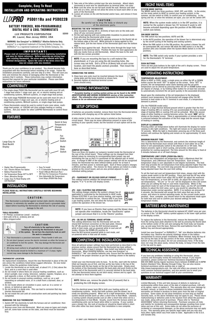 Lux Products LUXPRO PSD022B Installation and operating instructions