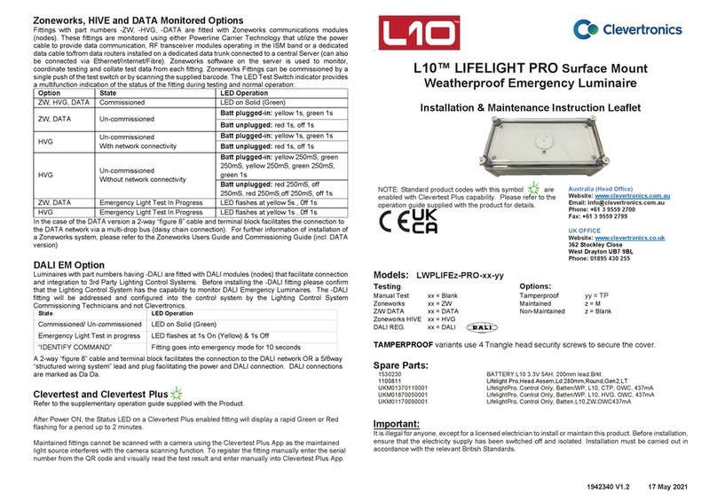 Clevertronics L10 LIFELIGHT PRO LWPLIFEz-PRO Series Instruction leaflet Clevertronics L10 LIFELIGHT PRO LWPLIFEz-PRO Series Instruction leaflet