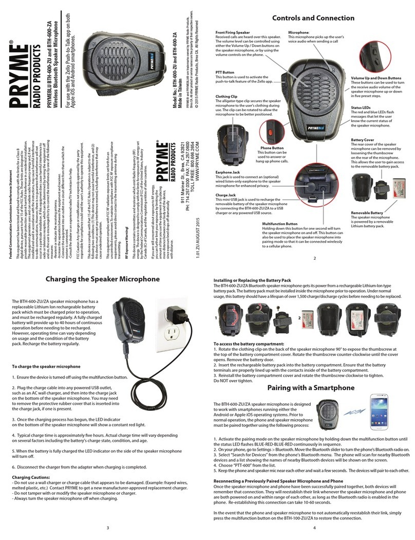 PRYME Radio Products PRYMEBLU BTH-600-ZA manual