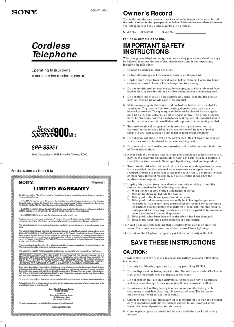 Sony SS951 - SPP Cordless Phone operating instructions