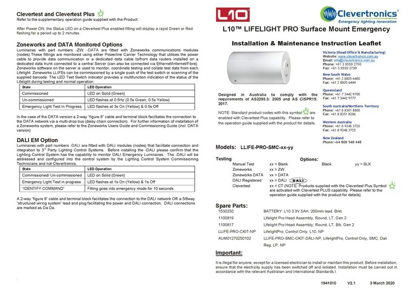 Clevertronics L10 LIFELIGHT PRO LLIFE-PRO-SMC Series Installation and operating instructions Clevertronics L10 LIFELIGHT PRO LLIFE-PRO-SMC Series Installation and operating instructions