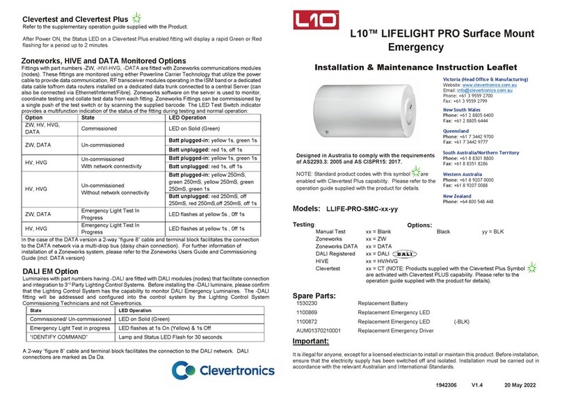 Clevertronics L10 LIFELIGHT PRO LLIFE-PRO-SMC Series Installation and operating instructions Clevertronics L10 LIFELIGHT PRO LLIFE-PRO-SMC Series Installation and operating instructions